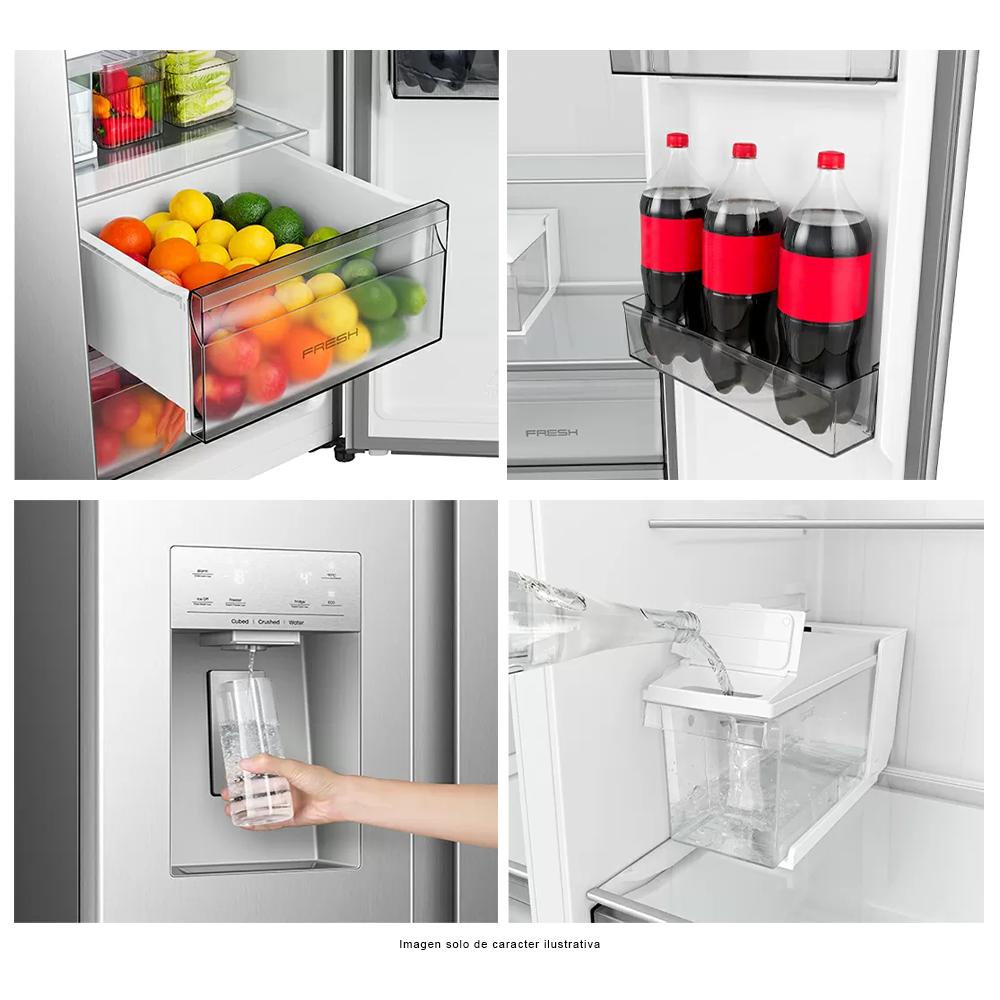 Refrigeradora 18.6pc Side by Side, modelo RS19P5ESR, inverter,  dispensador de tres opciones: agua fría, hielo en cubos y hielo triturado.