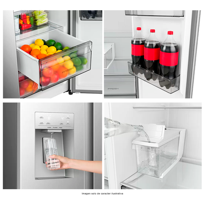 Refrigeradora 18.6pc Side by Side, modelo RS19P5ESR, inverter,  dispensador de tres opciones: agua fría, hielo en cubos y hielo triturado.