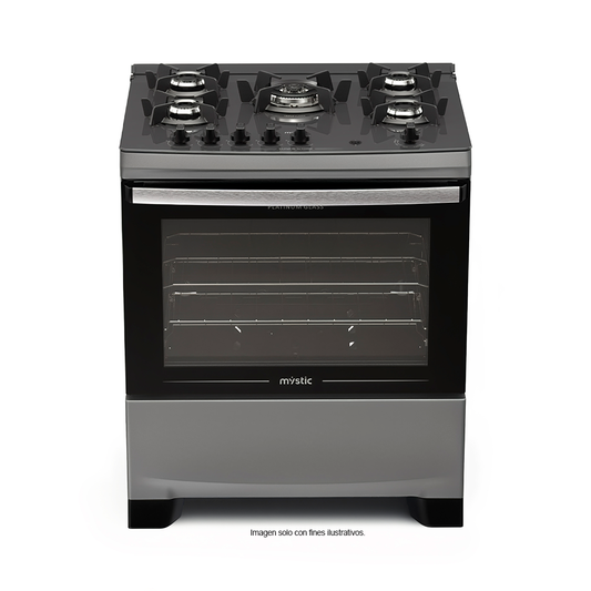 Estufa Platinum Glass MY-SGL5QJ995-SS Mystic, de 5 quemadores, horno de 100 litros, doble grill en horno, encendido eléctrico.