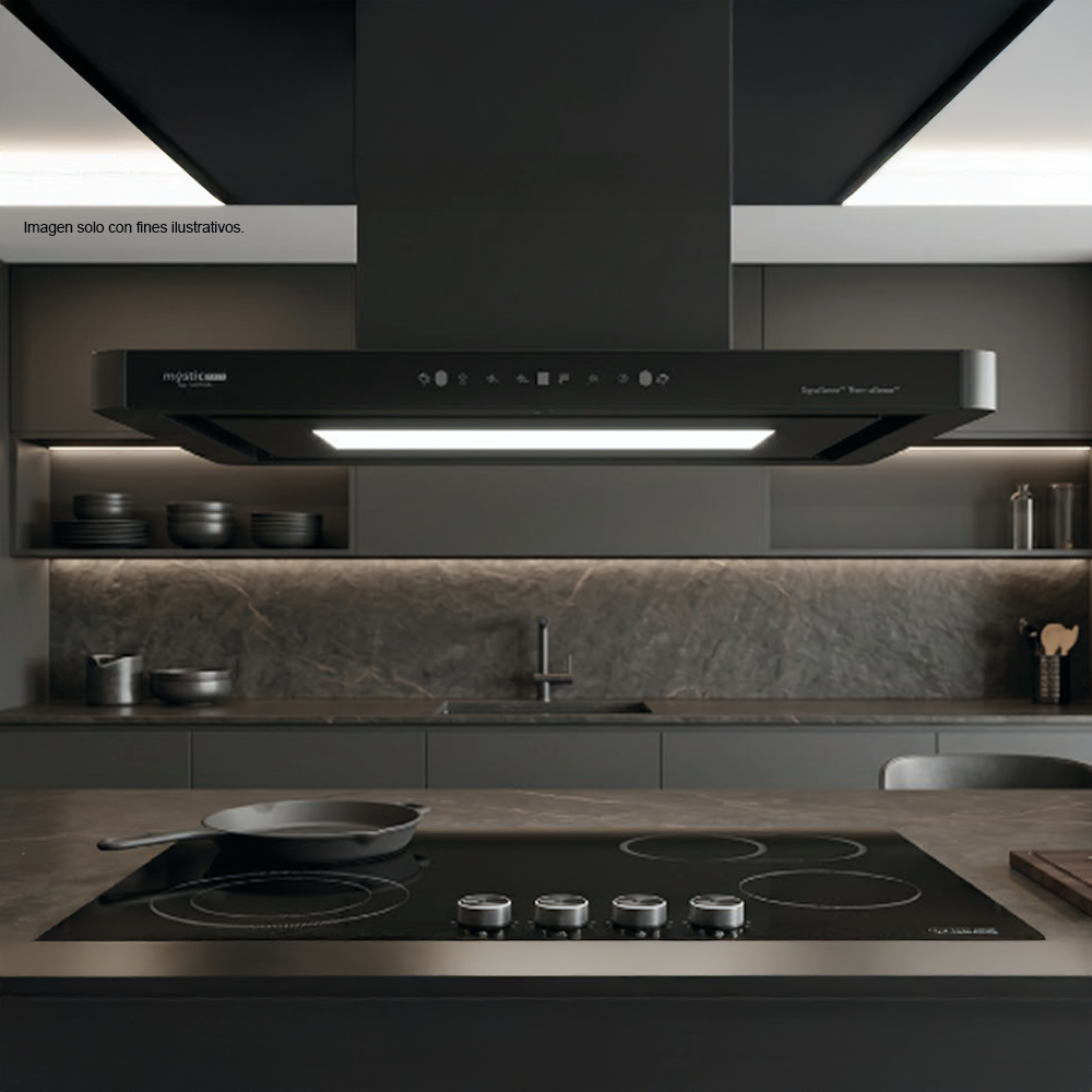 Extractor de grasa Isla campana touch 90cm MI-LCMI90B, serie Italy Luce, color acero inoxidable negro mate. MYSTIC.