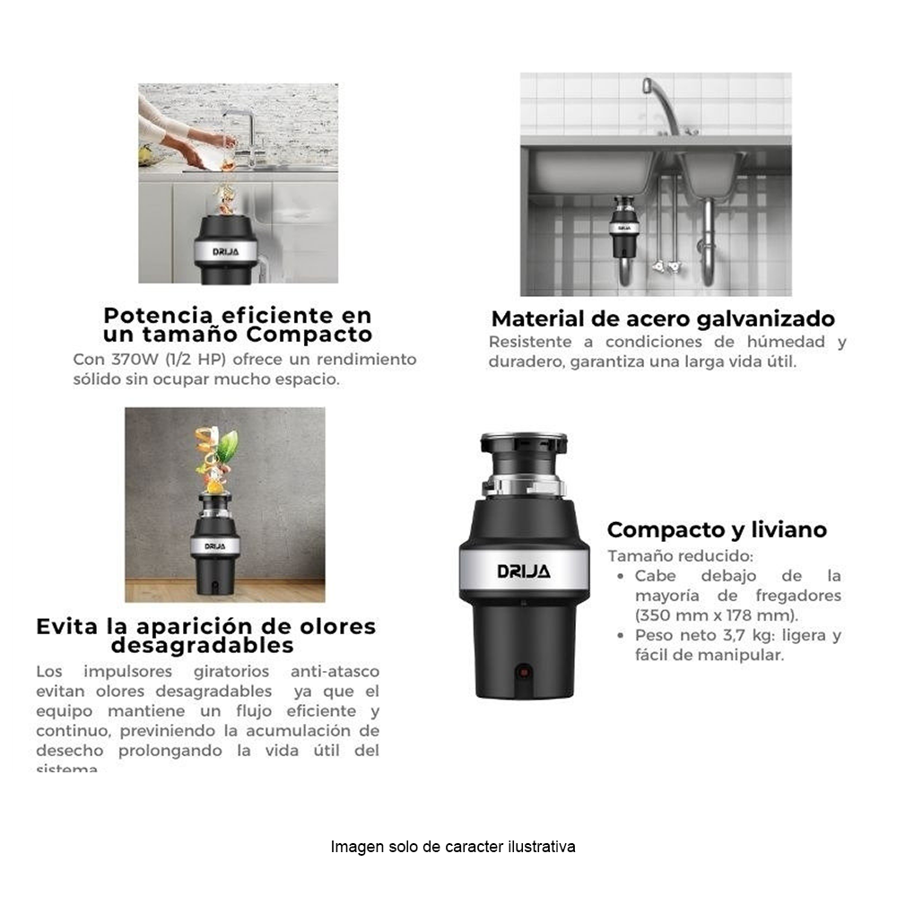Triturador de alimentos FRANTOIO 1/2 HP Drija potencia 372W/3800RPM.120V DRIJA