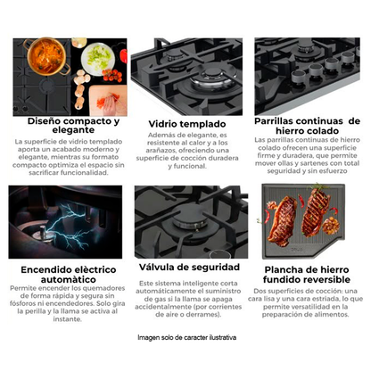 Estufa a gas 91cm, modelo Toscana 91 Pro-B, 6 quemadores SABAF, valvula de seguridad, encendido eléctrico automáico.