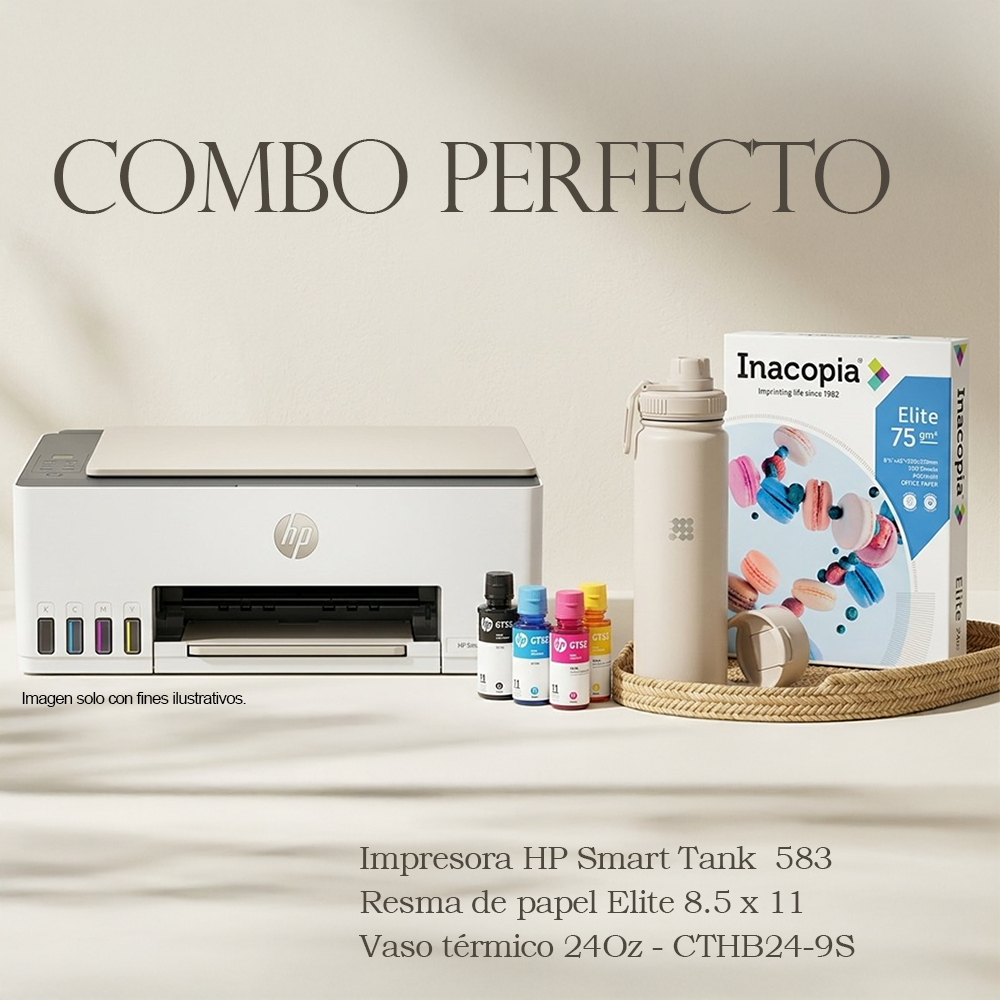Combo de Impresora HP Smart Tank 583 AIO Wireles+ vaso térmico Cubitt y resma de papel Elite (500 hojas)