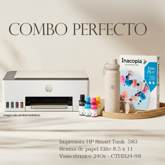 Combo de Impresora HP Smart Tank 583 AIO Wireles+ vaso térmico Cubitt y resma de papel Elite (500 hojas)