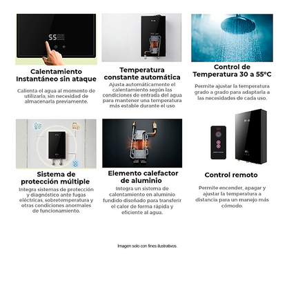 Calentador de agua eléctrico CLTE18KW-C 24 litros/ min. DRIJA color espejo negro, panel de control digital, tarjeta electrónica inverter.