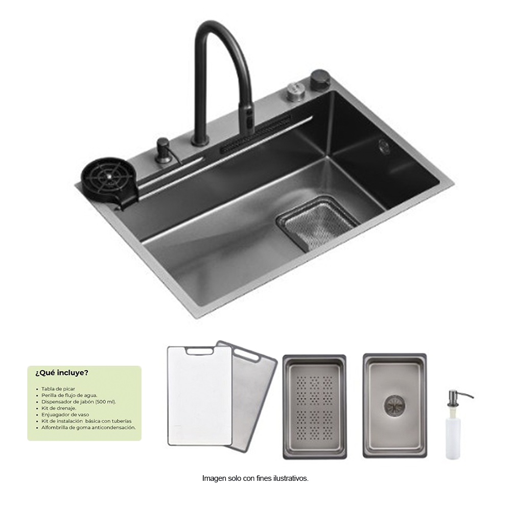 Fregador de lujo 75cm modelo Cirella 75, acero inoxidable satinado 304, grifería de lujo monomando. DRIJA