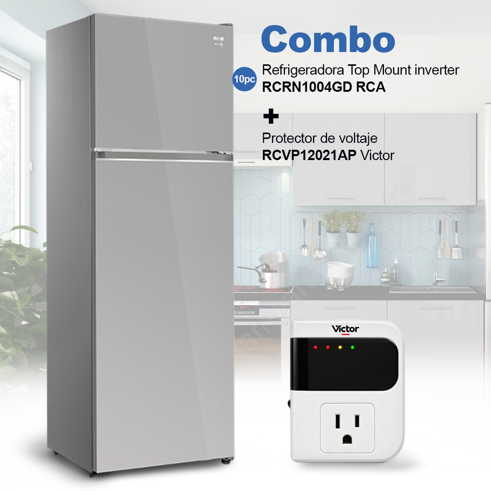 Combo Refrigeradora Top Mount 10pc RCRN1004GD RCA + Protector de voltaje RCVP12021AP.