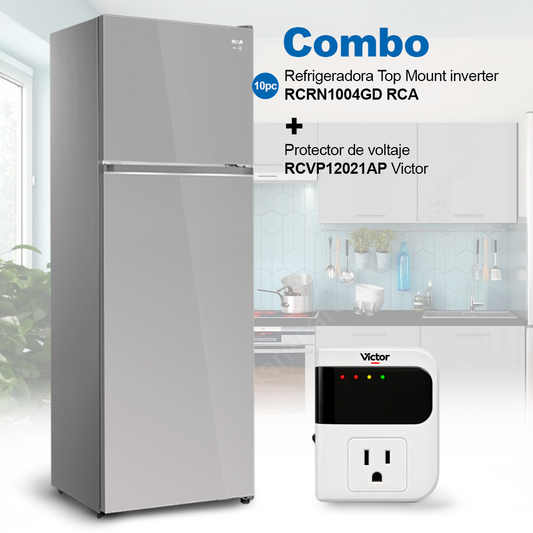 Combo Refrigeradora Top Mount 10pc RCRN1004GD RCA + Protector de voltaje RCVP12021AP.