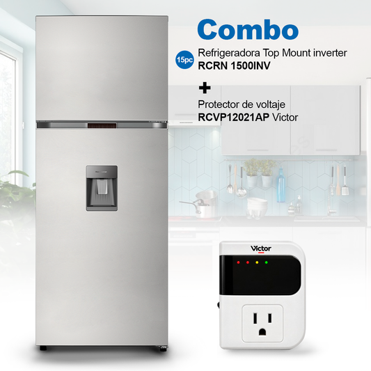 Refrigeradora 15pc Top Mount inverter RCRN1500INVWD RCA + Protector de voltaje RCVP12021AP.