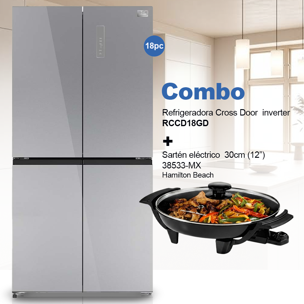 Combo Refrigeradora 18pc Cross Door RCCD18GD RCA + Sartén eléctrico 38533-MX (30cm) Hamilton Beach