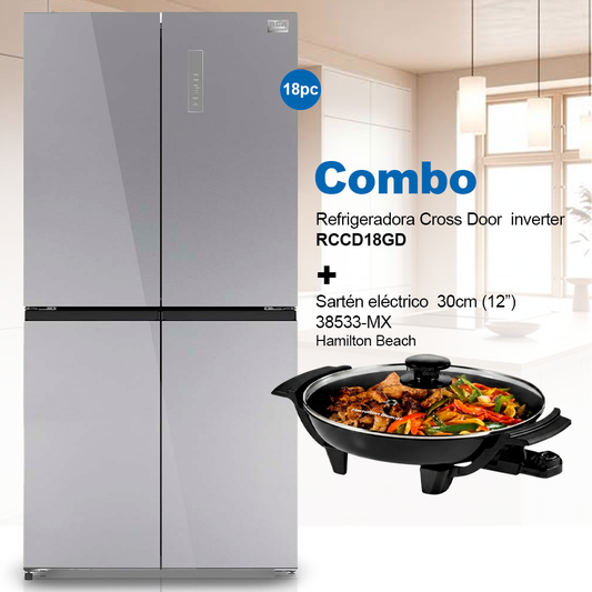 Combo Refrigeradora 18pc Cross Door RCCD18GD RCA + Sartén eléctrico 38533-MX (30cm) Hamilton Beach