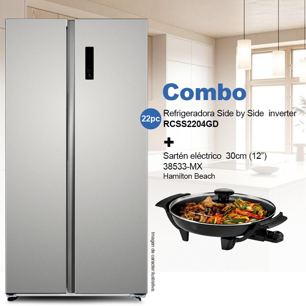 Combo Refrigeradora 22pc Side by Side RCSS2204GD RCA + Sartén eléctrico 30cm modelo 38533-MX Hamilton Beach