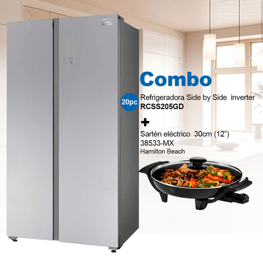 Combo Refrigeradora 20pc Side by Side RCSS205GD RCA + Sartén eléctrico 30cm modelo 38533-MX Hamilton Beach