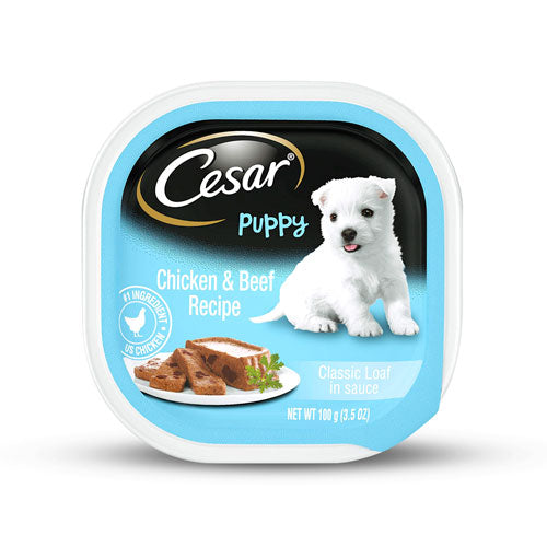 Cesar Puppy Chicken&Beef In Juice 3.5Oz Completo, Fortificado Con Vitaminas y Miner